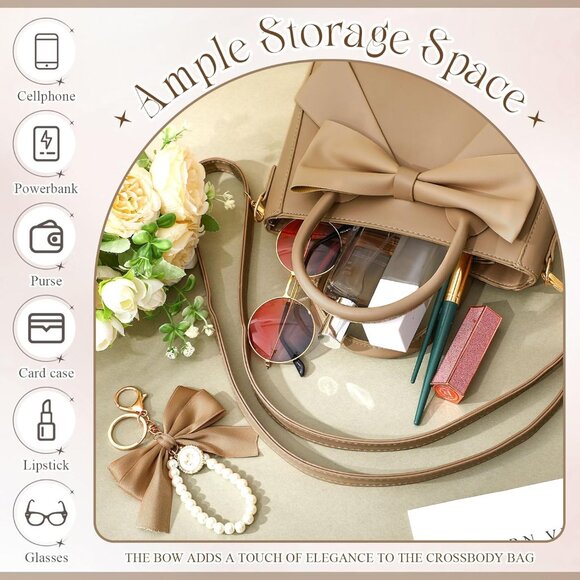 Leather Crossbody Bag for Women Small Purse with Bow Detachable Strap - Picture 5 of 6